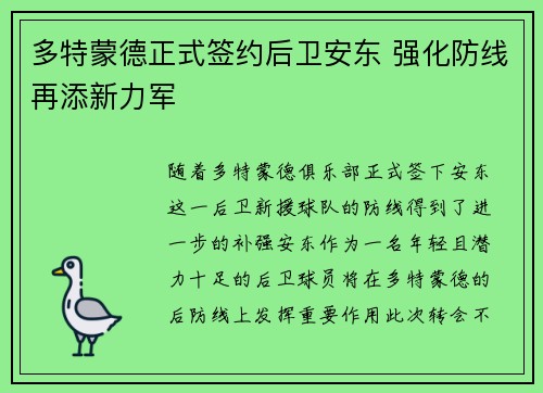 多特蒙德正式签约后卫安东 强化防线再添新力军